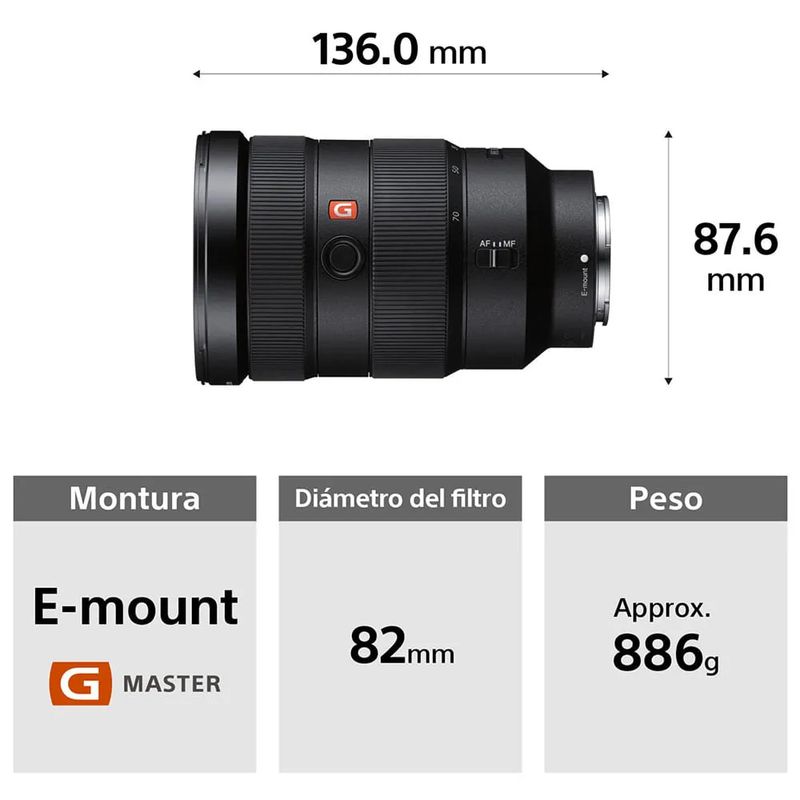 Lente Sony SEL2470GM 24-70 mm F2.8 G Master especificaciones