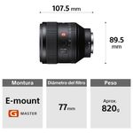Lente Sony SEL85F14GM 85 mm F1.4 G Master especificaciones