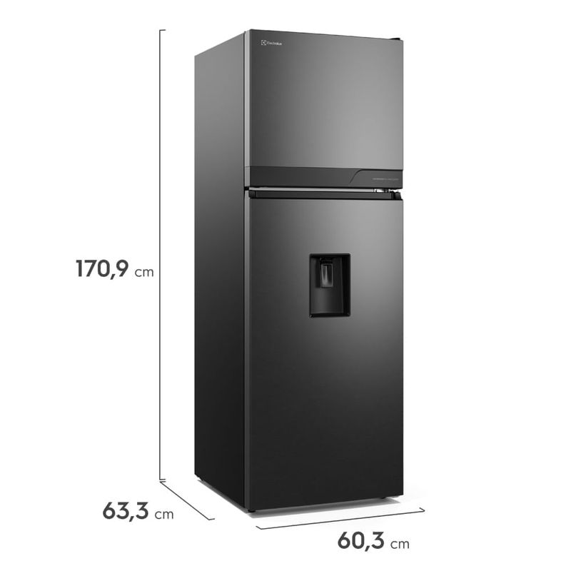 Refrigeradora Electrolux 315L No Frost dispensador negra medidas