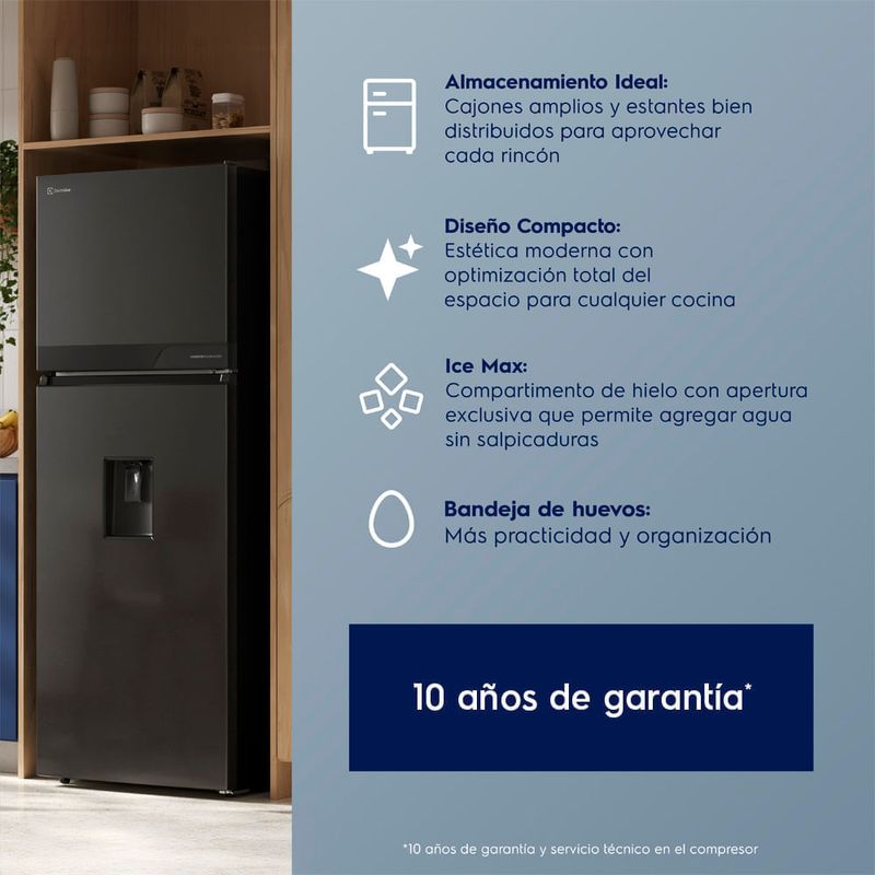 Refrigeradora Electrolux 315L No Frost dispensador negra frontal dispensador beneficios
