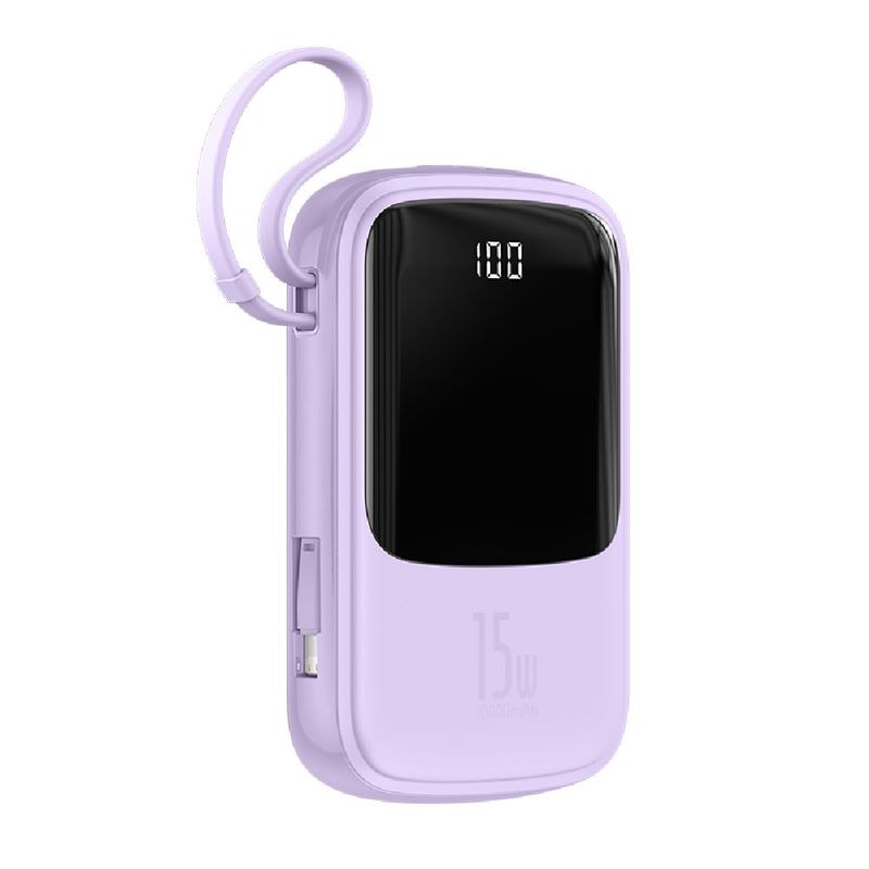 Batería externa Baseus 10000 mAh 15W Lightning lila frontal oblicuo