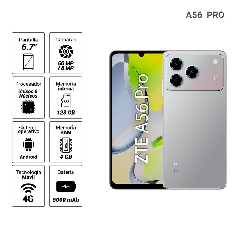 Celular ZTE A56 Pro 128GB 4GB RAM 6.75" gris frontal beneficios