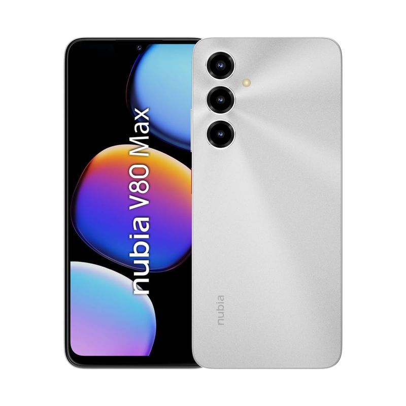 Celular ZTE V80 Max 256GB 8GB RAM plateado vista frontal y trasera
