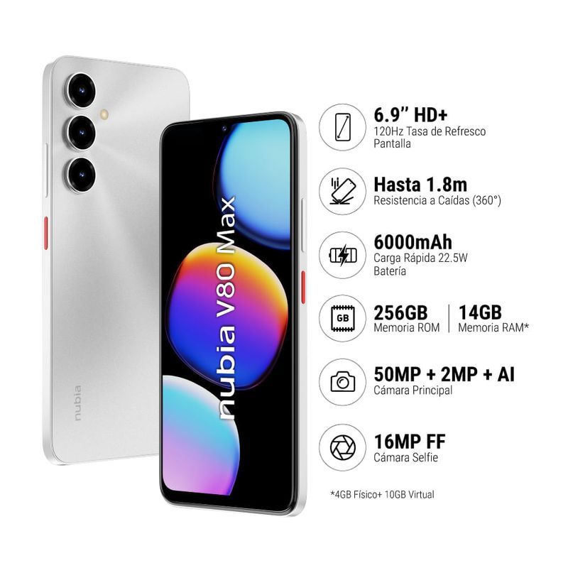 Smartphone ZTE V80 Max diseño moderno plateado