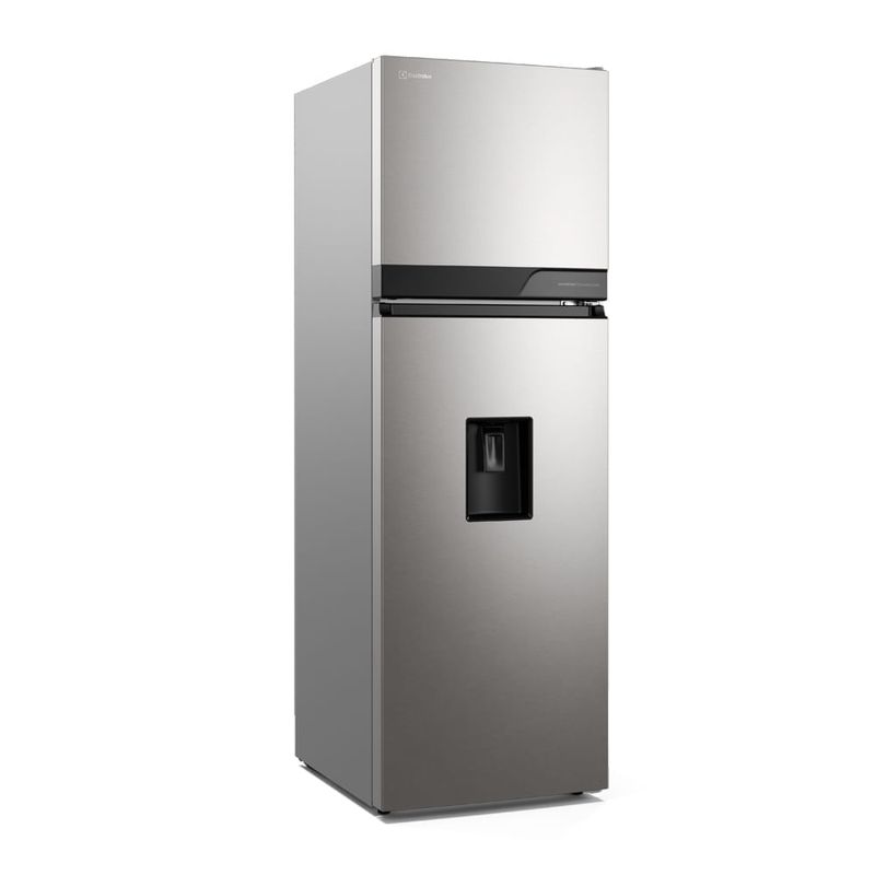 Refrigeradora Electrolux 236L No Frost dispensador plata frontal características diagonal