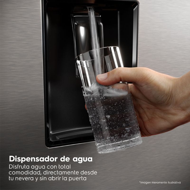 Refrigeradora Electrolux 236L No Frost dispensador plata frontal características diagonal carga