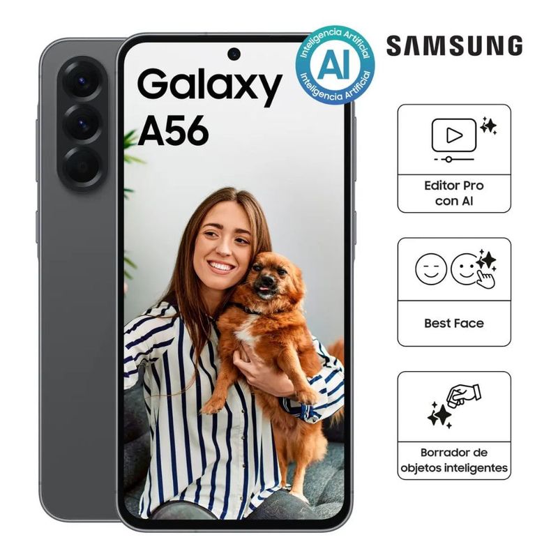 Samsung Galaxy A56 5G 256GB cámara 50MP IP67 8GB RAM gris frontal beneficios