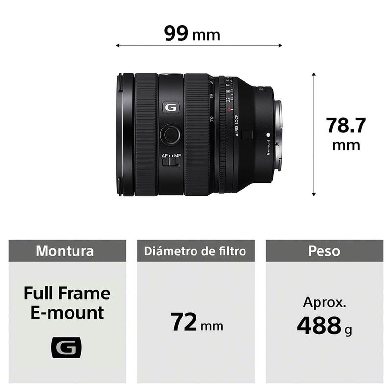 Lente Sony SEL2070G 20-70 mm F4 Full Frame especificaciones