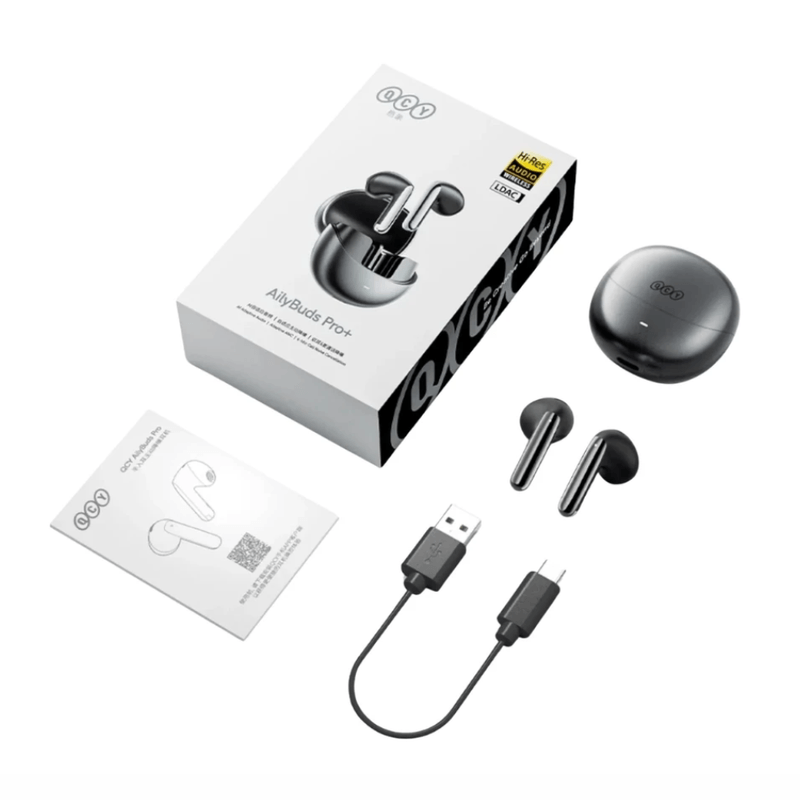 Audífonos QCY AilyBuds Pro+ ANC IPX5 30h Bluetooth 5.3 negro contenido de caja