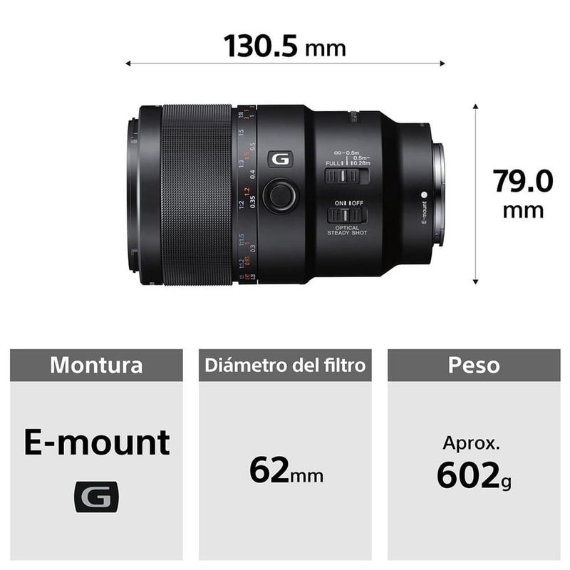 Lente macro de teleobjetivo Medio G Sony 90 mm F2.8 especificaciones