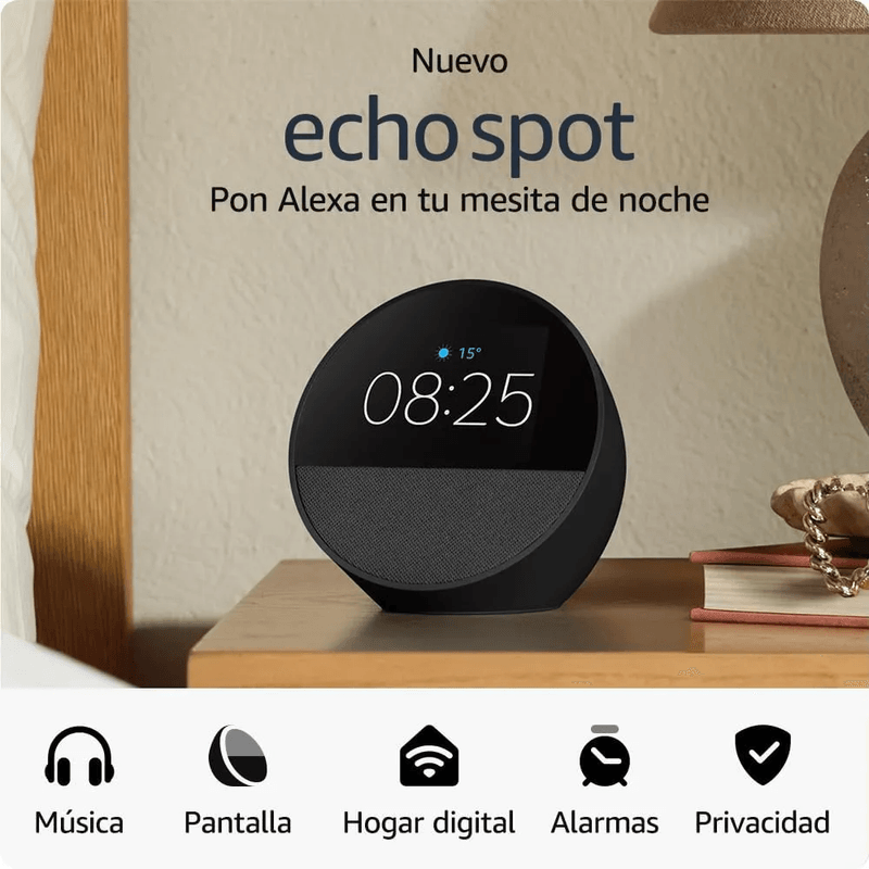 Reacondicionado: Echo Spot 2024 Alexa Wi-Fi Bluetooth negro especificaciones
