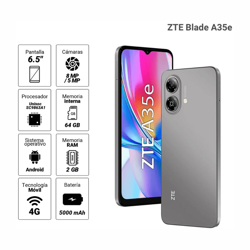 Celular ZTE Blade A35e 64GB 2GB RAM gris reacondicionado especificaciones