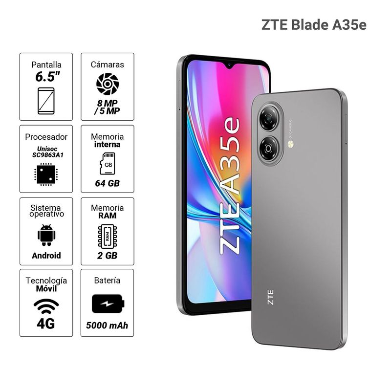 Celular ZTE Blade A35e 64GB 2GB RAM gris especificaciones