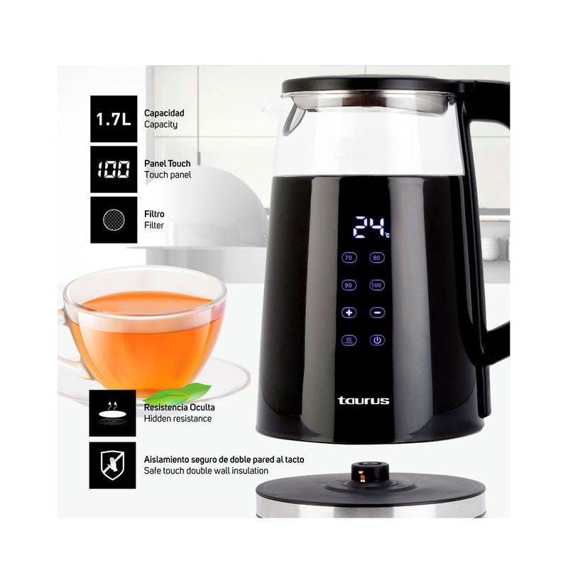 Hervidor Taurus Neoglass digital 1.7L vidrio negro beneficios
