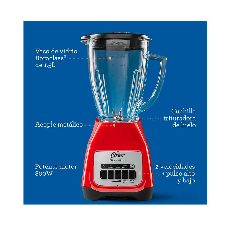 Licuadora Oster 1.5L 800W vaso Boroclass pica hielo roja beneficios