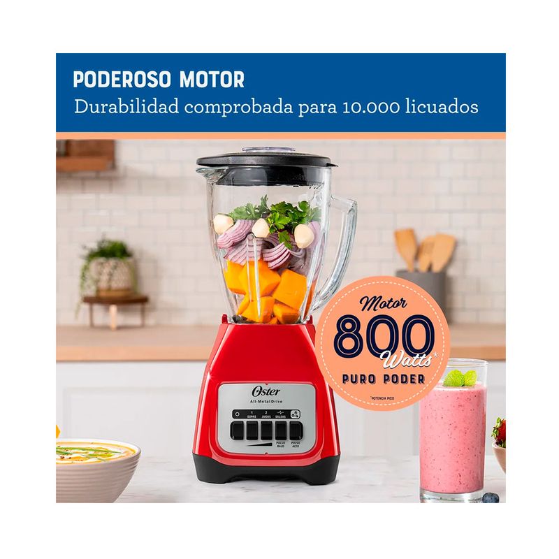 Licuadora Oster 1.5L 800W vaso Boroclass pica hielo roja especificaciones