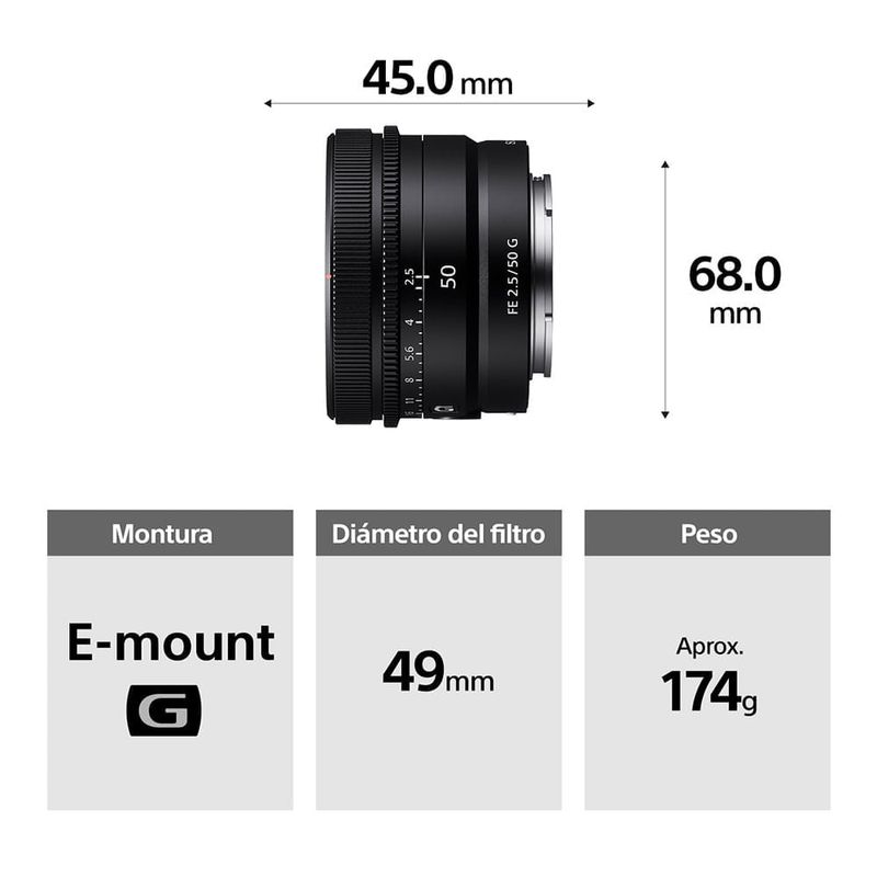 Lente Sony 50 mm F2.5 Monura E Full Frame especificaciones