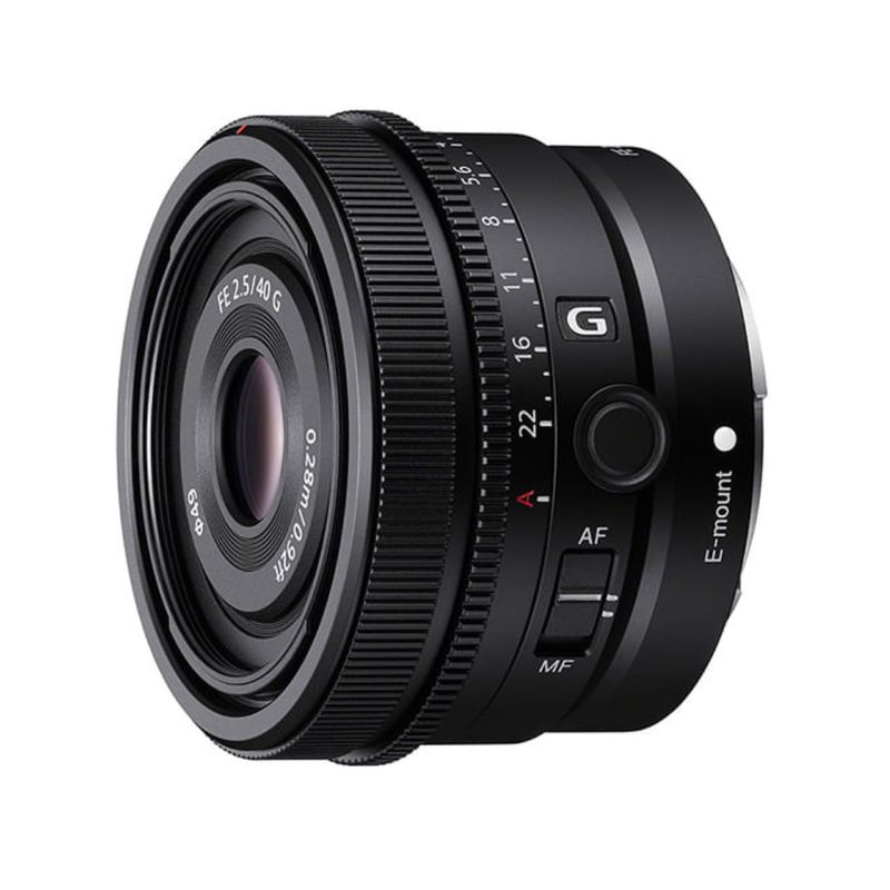 Lente Sony 40 mm F2.5 Montura E Full Frame lateral oblicuo