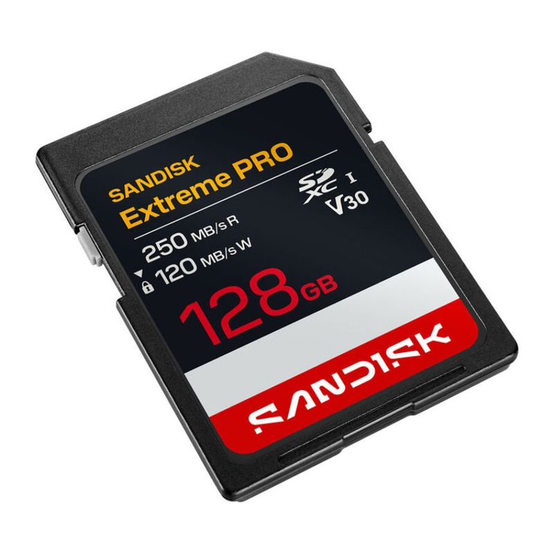 Memoria SD SanDisk Extreme Pro 128GB frontal oblicuo