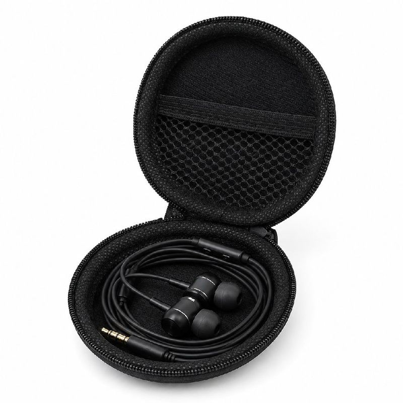 Estuche tapa dura Izuum para audífonos alámbricos, negro frontal oblicuo