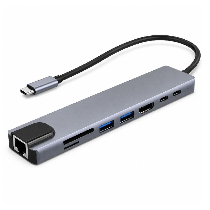 Adaptador USB-C 8 en 1 para laptop HDMI 4K PD 87W gris diagonal