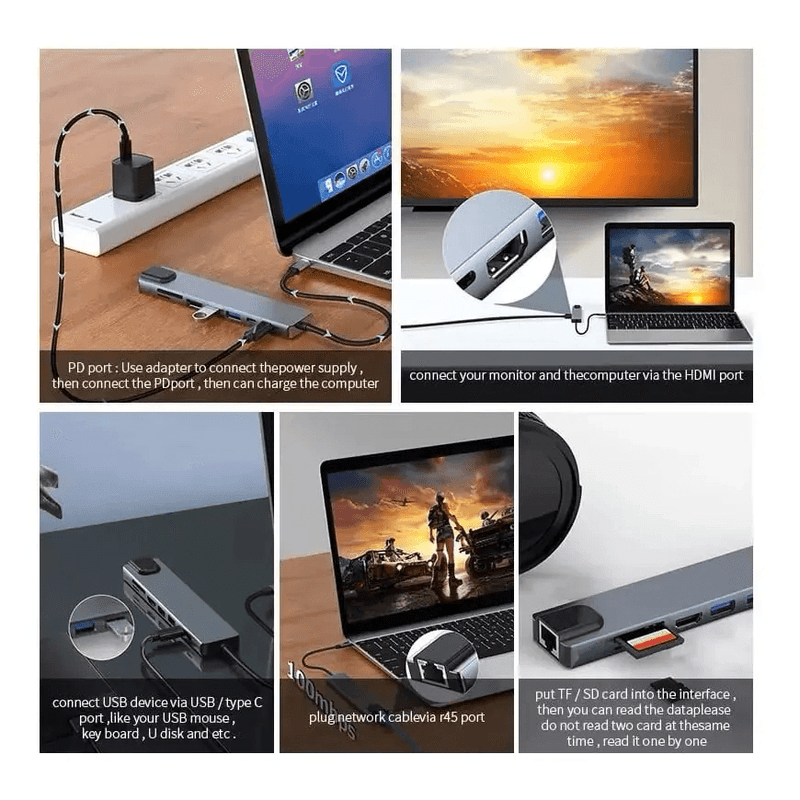 Adaptador USB-C 8 en 1 para laptop HDMI 4K PD 87W gris conector