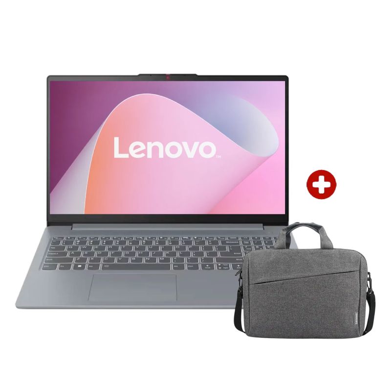 Laptop Lenovo IdeaPad Slim 3 Ryzen 5 16GB 512GB gris frontal con maletín