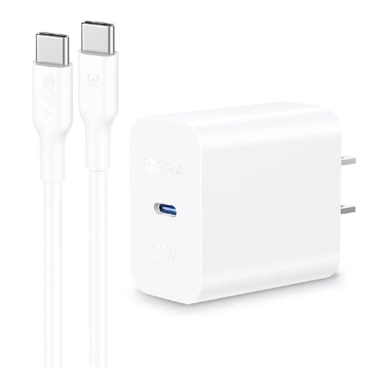 Cargador de pared 20W Tipo-C con cable USB-C blanco frontal