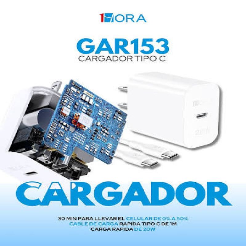 Cargador de pared 20W Tipo-C con cable USB-C blanco frontal oblicuo