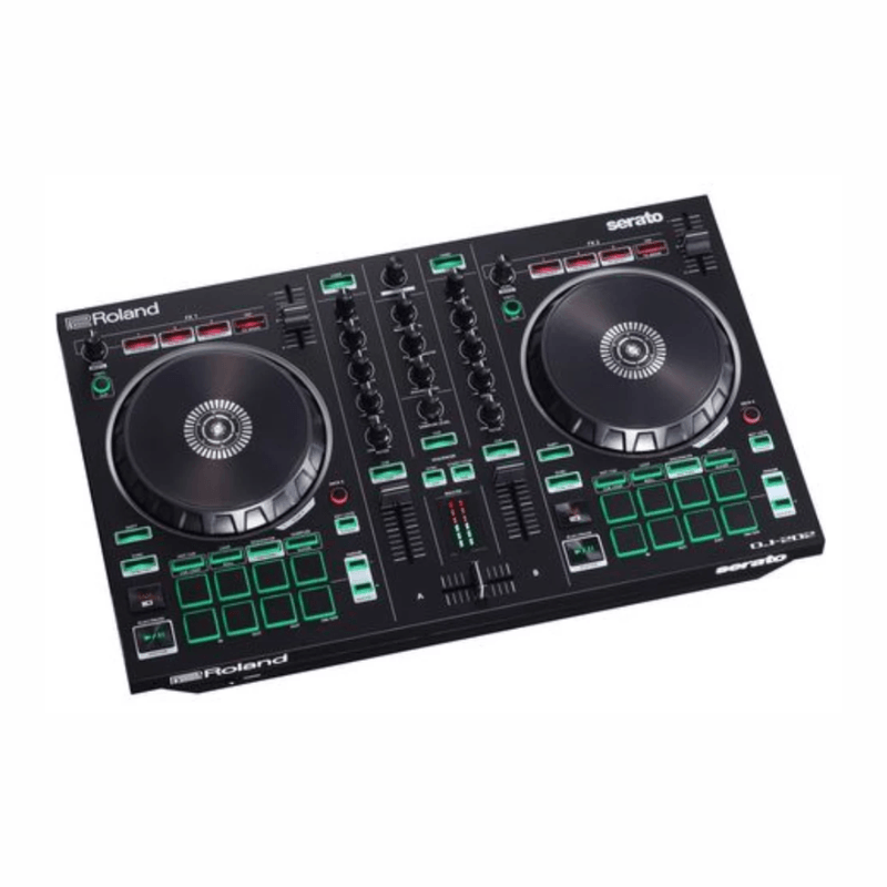 Controlador DJ Roland DJ-202 2 canales 4 decks USB negro oblicuo