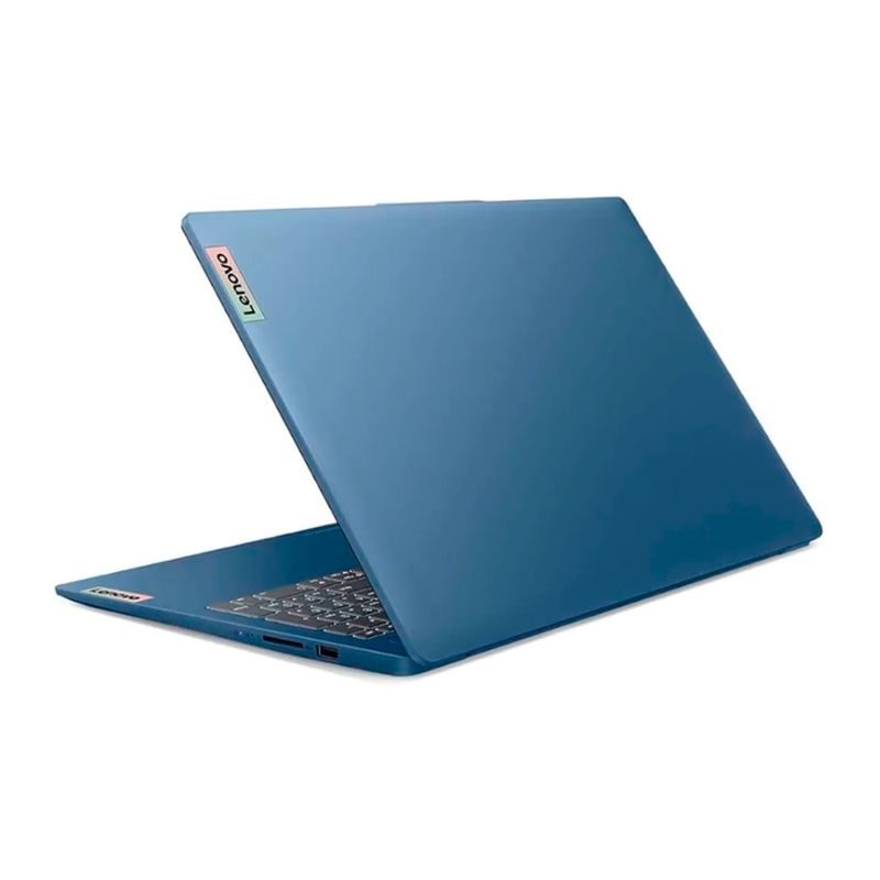 Laptop Lenovo IdeaPad Slim 3 Ryzen 3 8GB RAM 512GB SSD azul dorsal oblicuo