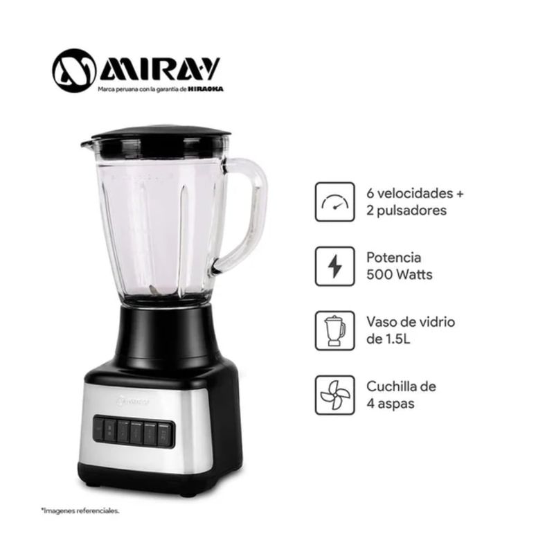 Licuadora Miray LM-101V 1.5L vaso vidrio negro frontal características