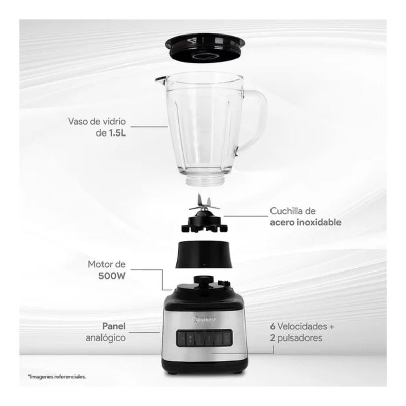 Licuadora Miray LM-101V 1.5L vaso vidrio negro frontal beneficios
