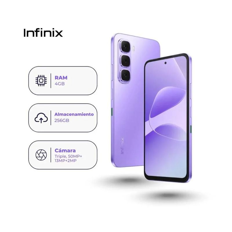 Infinix Hot 60i 4G 256GB 4GB RAM 50MP morado frontal actividades