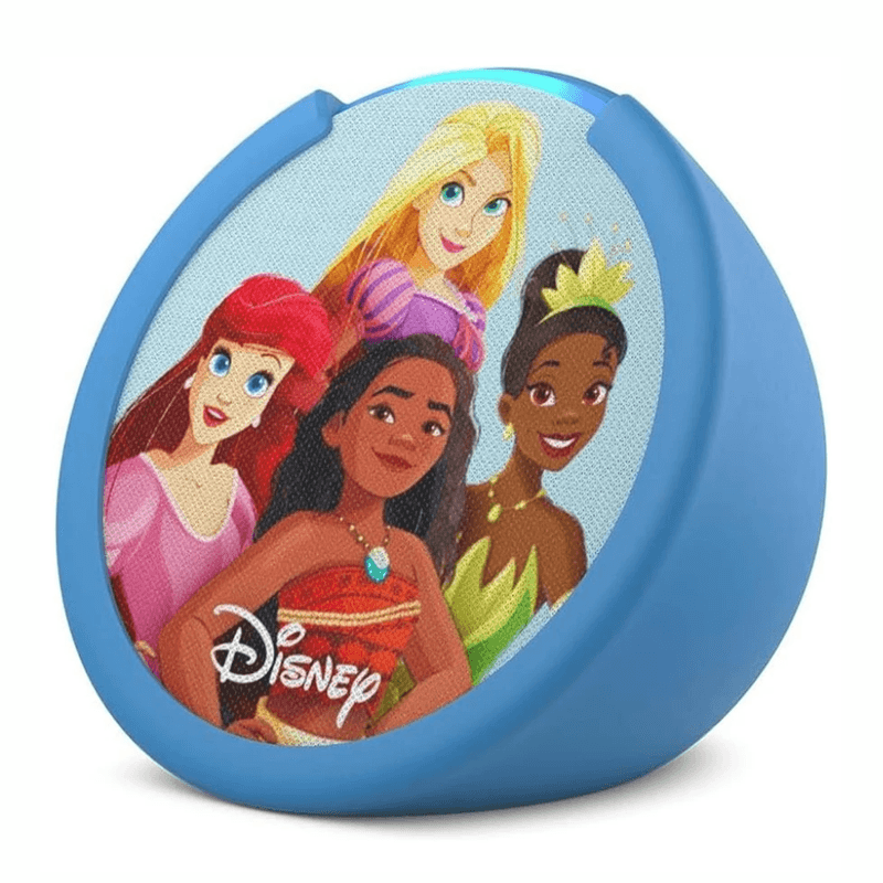 Parlante Amazon Echo Pop Kids Disney Alexa Bluetooth celeste oblicuo