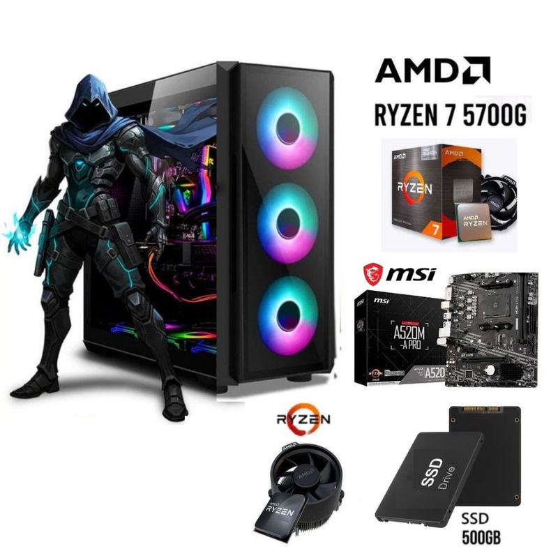 PC Gamer Ryzen 7 5700G 16GB SSD 500GB case 500W frontal