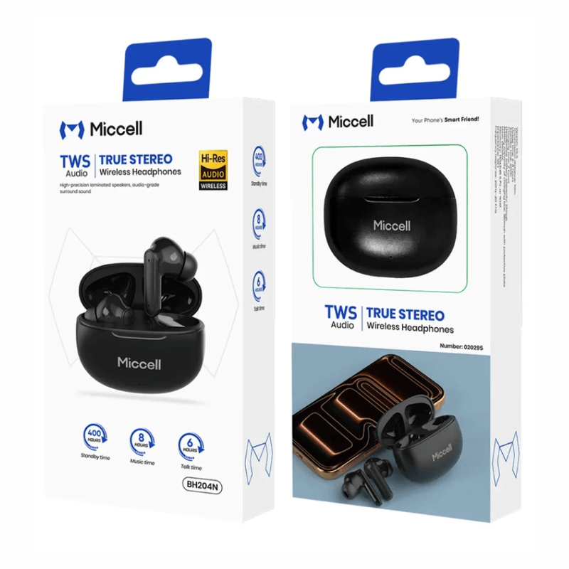 Audífonos Miccell BH204 TWS Bluetooth 5.4 30 h negro contenido de caja
