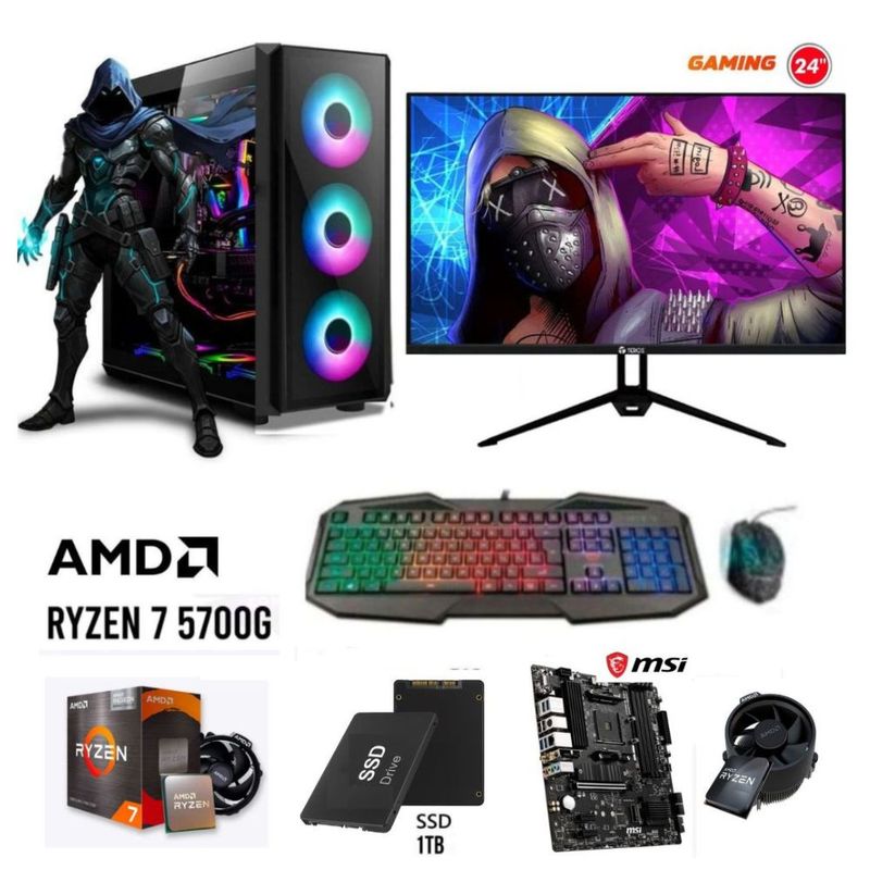 PC Gamer Ryzen 7 5700G 16GB SSD 1TB monitor 24" frontal