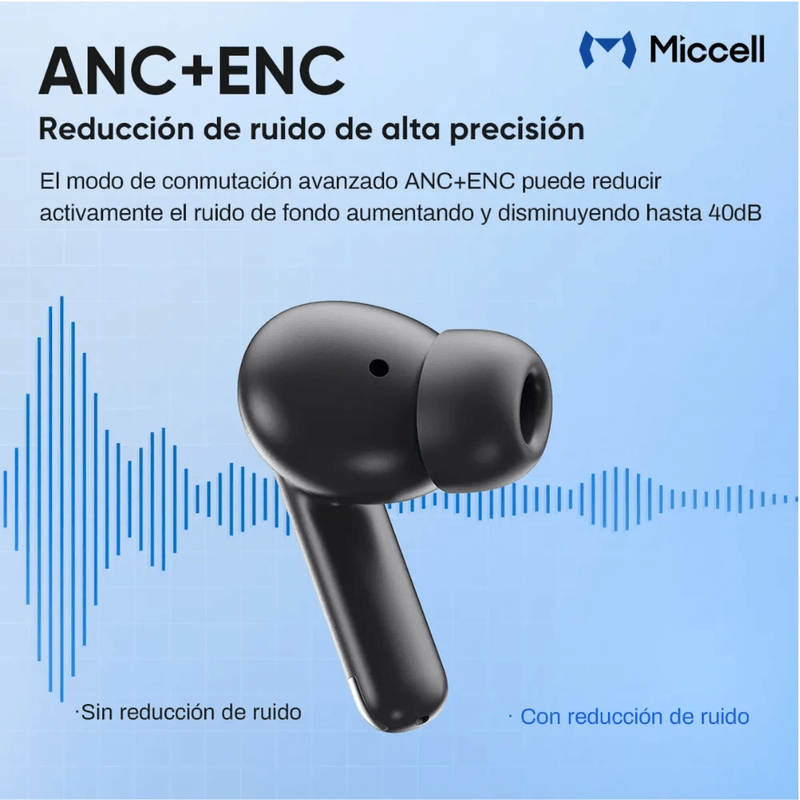 Audífonos Miccell BH15 TWS ANC Bluetooth 5.4 30 h negro cancelación activa de ruido
