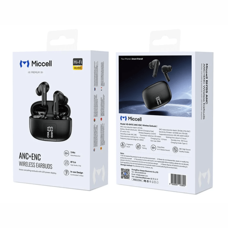 Audífonos Miccell BH15 TWS ANC Bluetooth 5.4 30 h negro contenido de caja