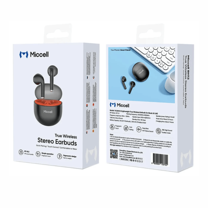Audífonos Miccell BH12 TWS Bluetooth 5.4 30 h negro contenido de caja