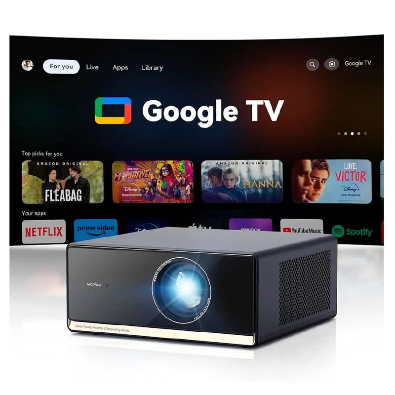 Proyector Wanbo X5 Pro Google TV 1100 ANSI Full HD frontal oblicuo
