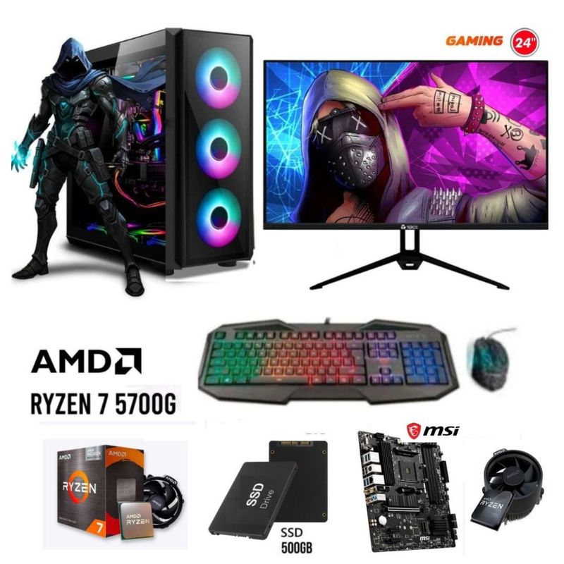 PC Gamer Ryzen 7 5700G 16GB SSD 500GB monitor 24" Full HD