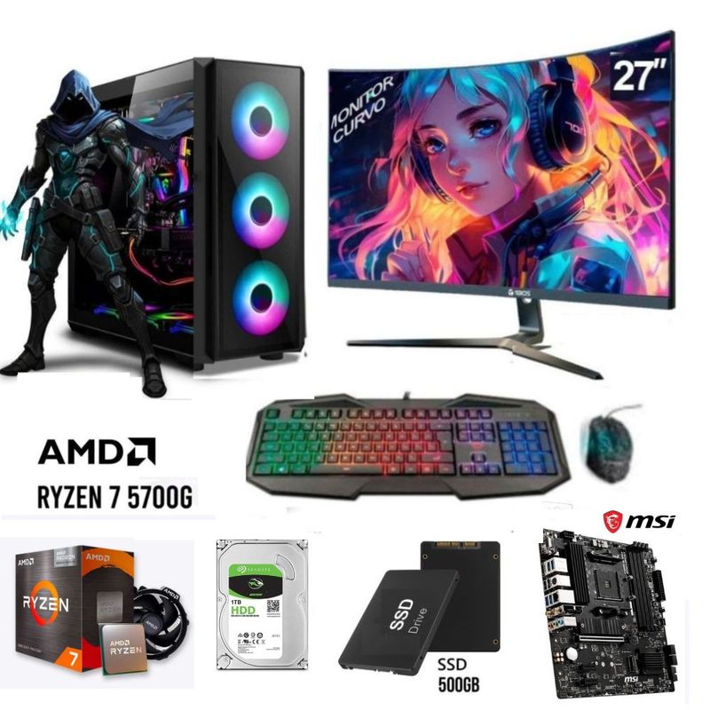 PC Gamer Ryzen 7 5700G 16GB SSD 500GB HDD 1TB monitor 27" frontal