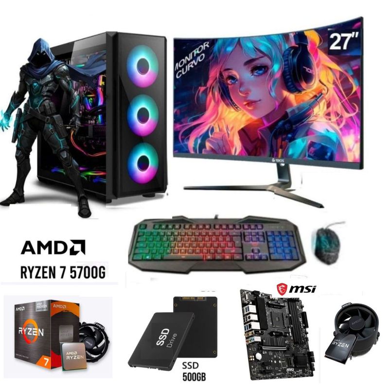 PC Gamer Ryzen 7 5700G 16GB SSD 500GB monitor 27" Full HD frontal