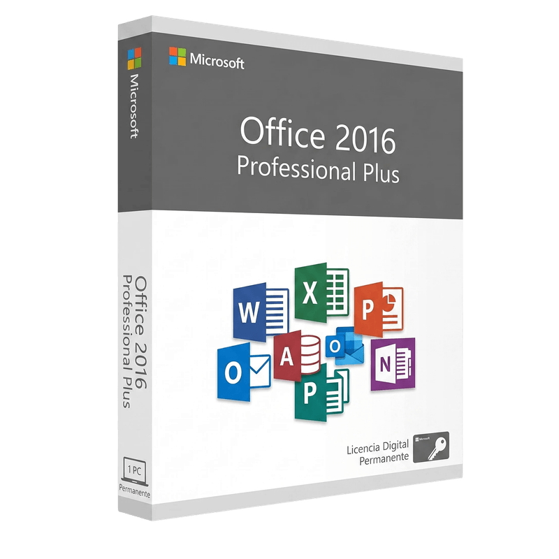 Licencia Microsoft Office 2016 Professional Plus 1 PC Permanente frontal oblicuo