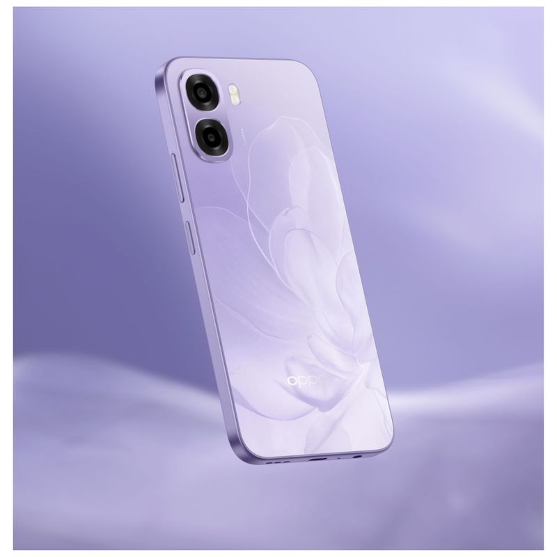 Celular Oppo A6x 5G 256GB 4GB RAM violeta frontal oblicuo  dorsal oblicuo