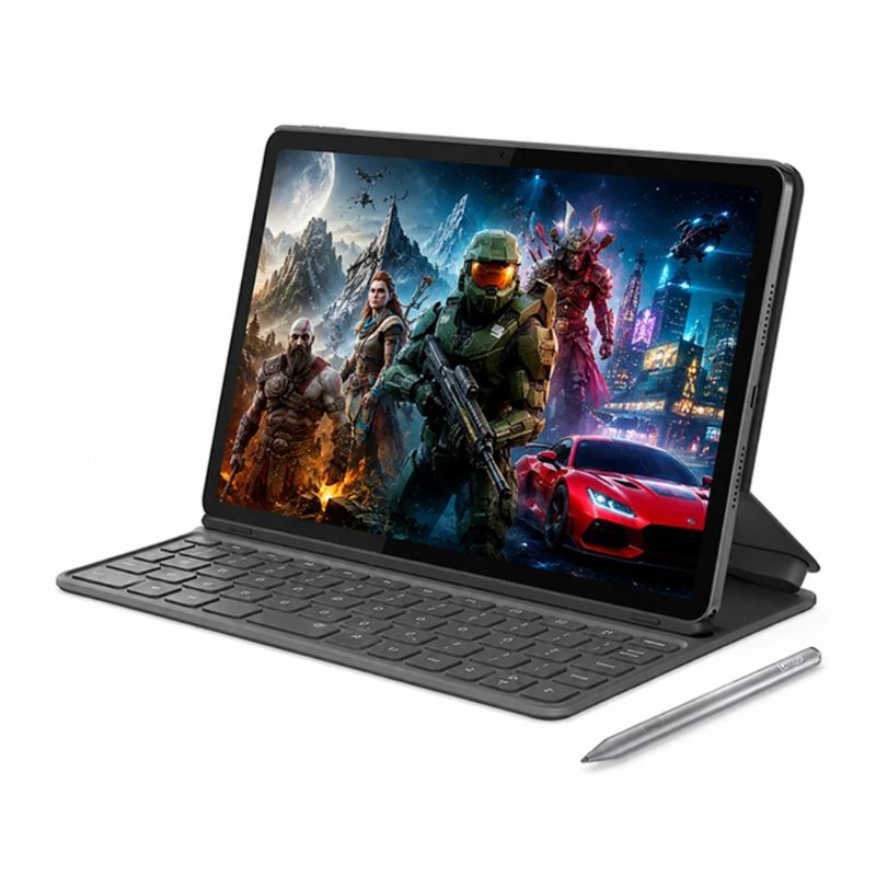 Tablet Lenovo Idea Tab 11 128GB 8GB RAM gris con Teclado y Lápiz frontal oblicuo