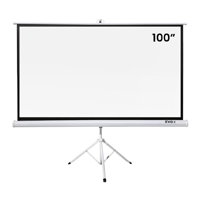 Ecran Evox Portátil 100” con Trípode 16:9 blanco frontal