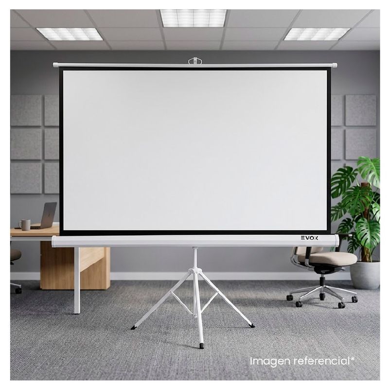 Ecran Evox Portátil 100” con Trípode 16:9 blanco ambiente